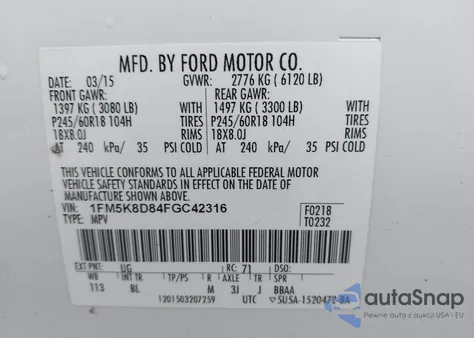 2015 Ford Explorer Xlt из США, поврежденный, VIN 1FM5K8D84FGC42316